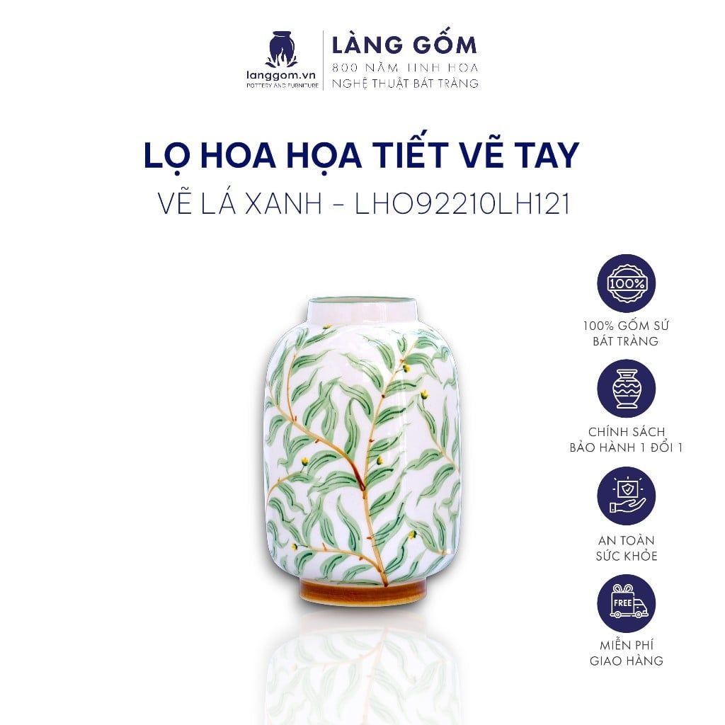 Bình hoa men màu hoạ tiết vẽ lá xanh 