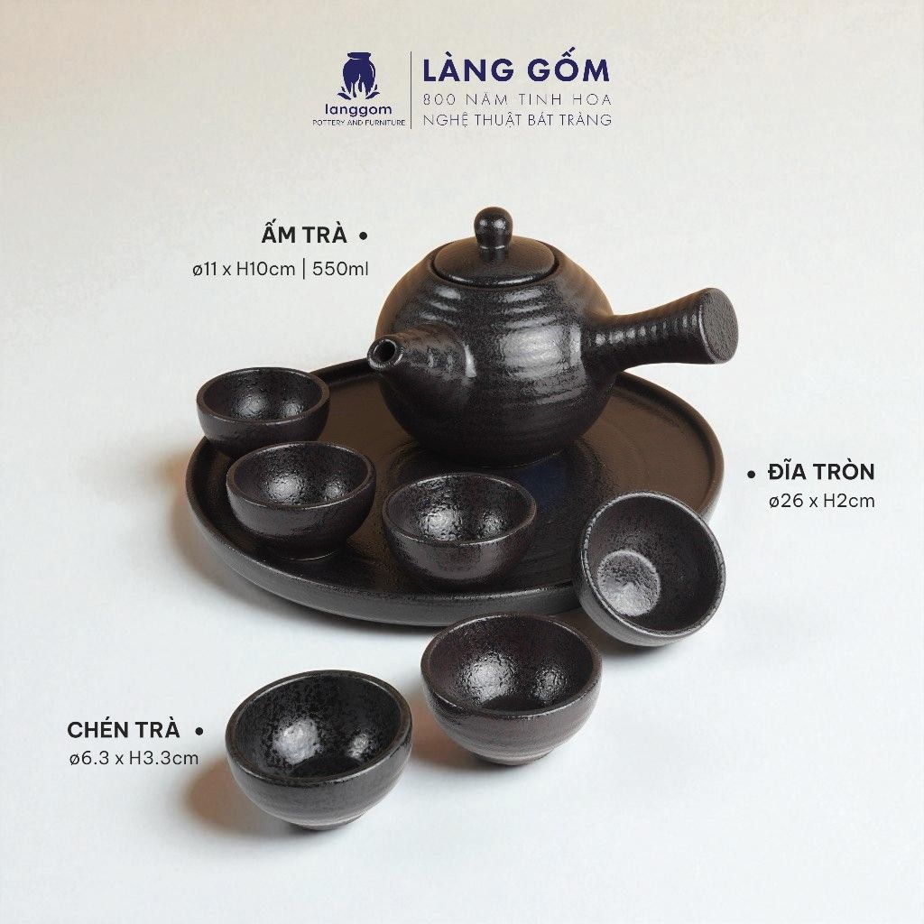 Bộ ấm chén quai chuôi màu đen sần không vệt 