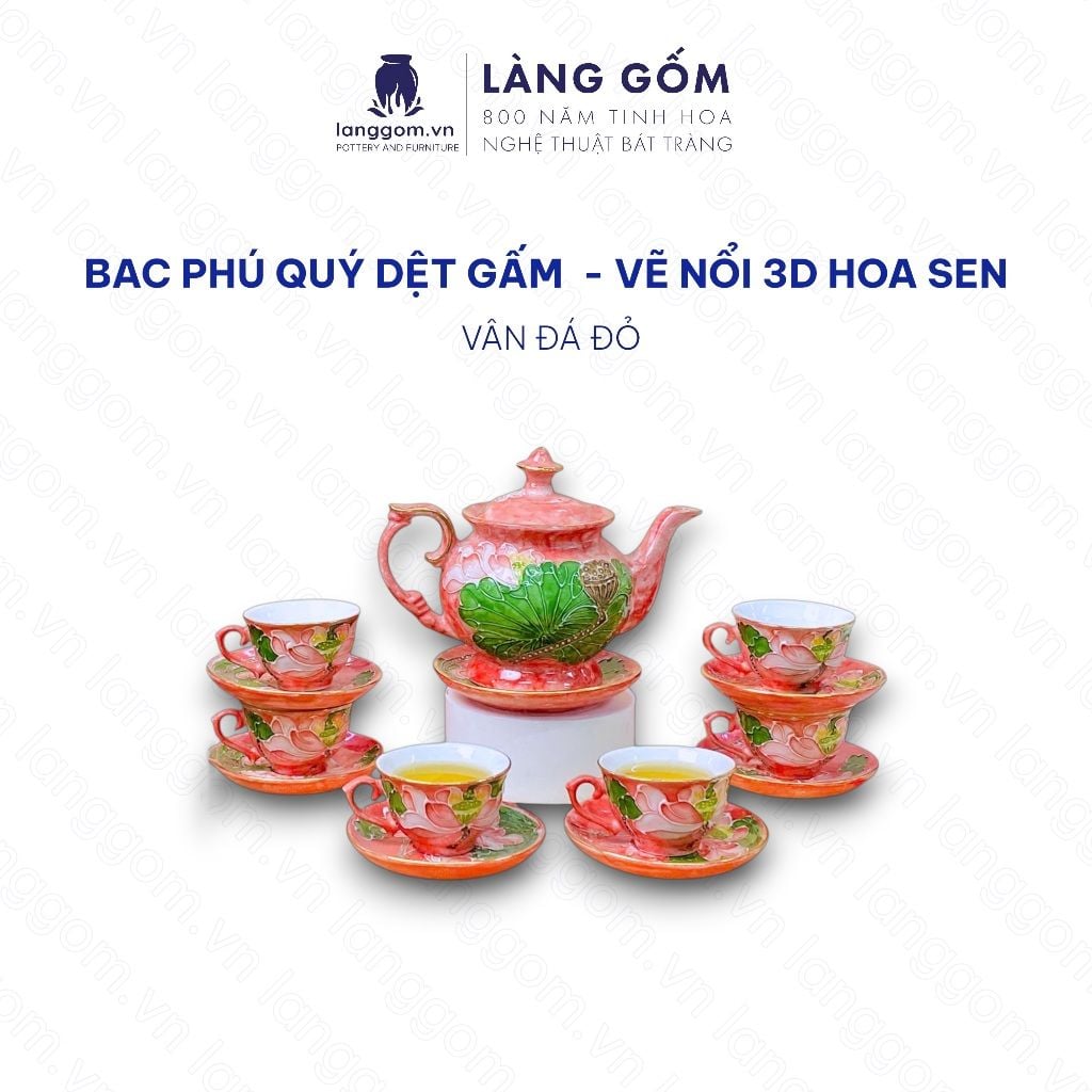  Bộ ấm chén phú quý vân đá Dệt gấm thêu hoa - vẽ nổi 3D hoa sen 