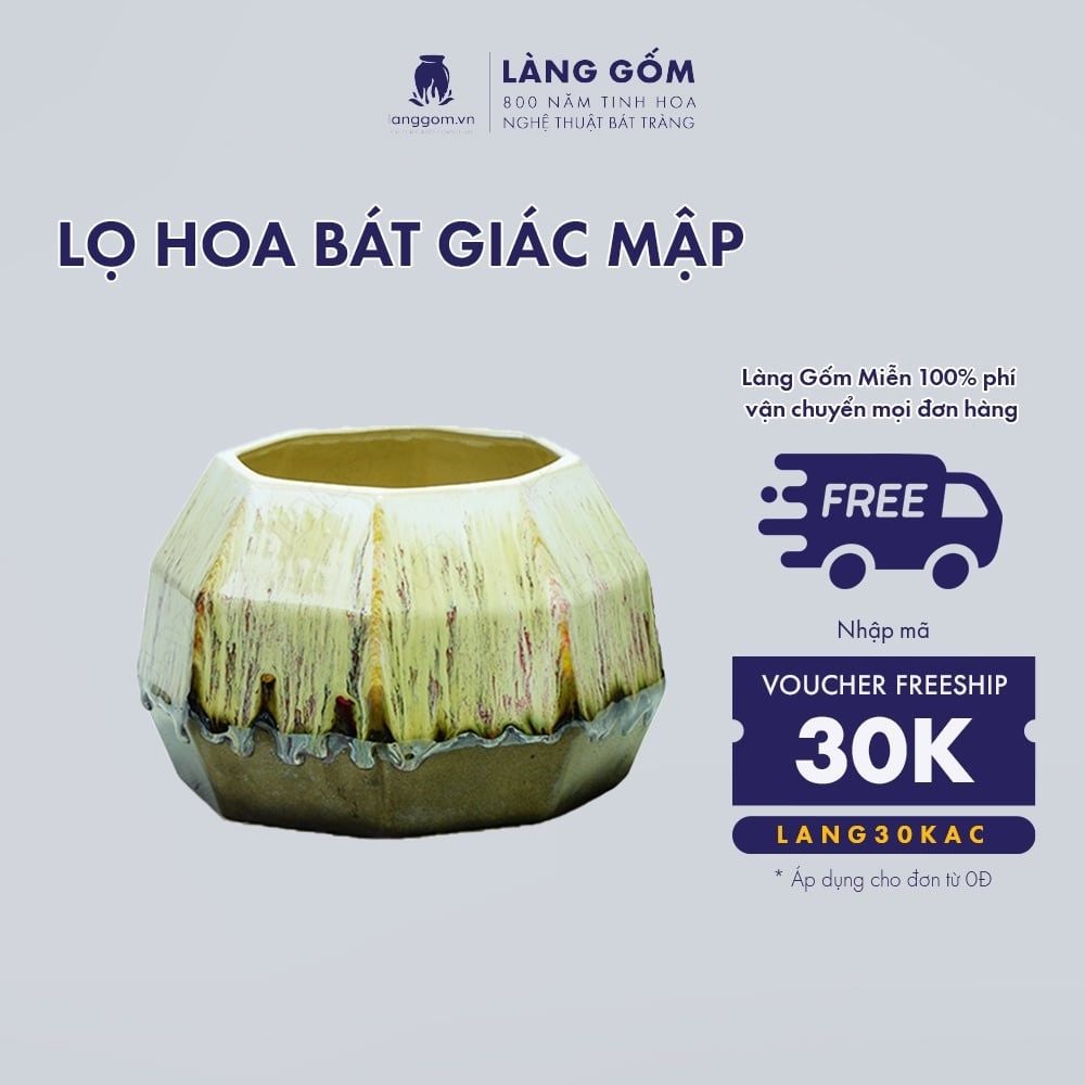  Bình hoa men chảy dáng bát giác mập 