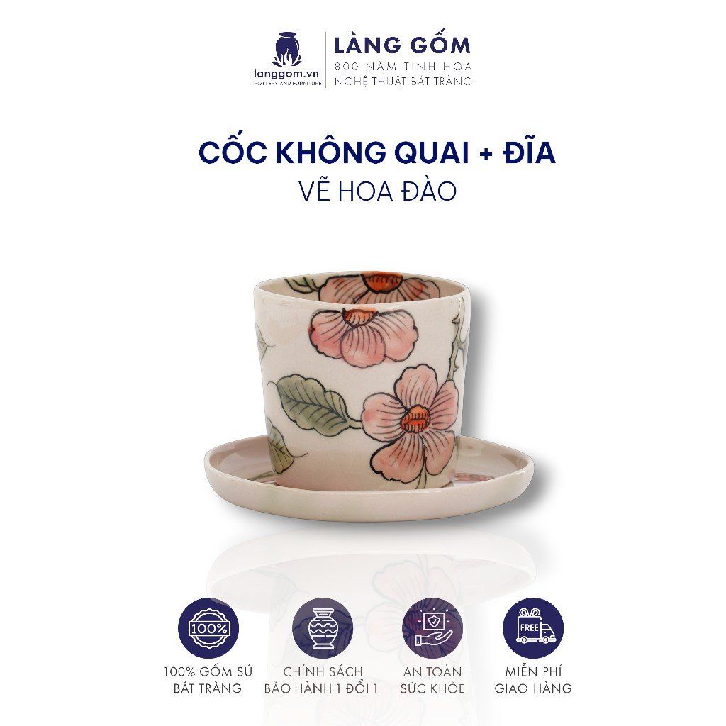  Bộ cốc đĩa gốm sứ Bát Tràng cao cấp họa tiết vẽ Hoa Đào 