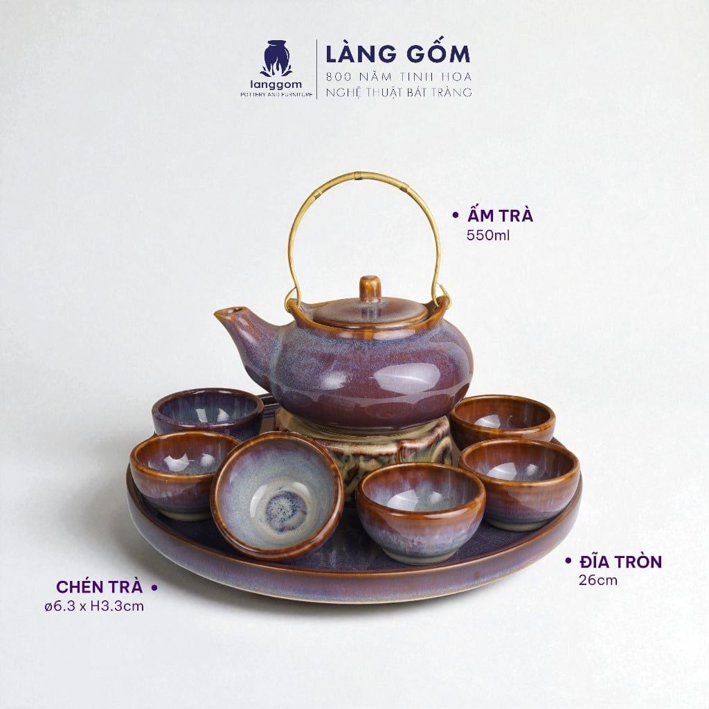  Bộ ấm chén quai đồng men hỏa biến màu nâu trầm 