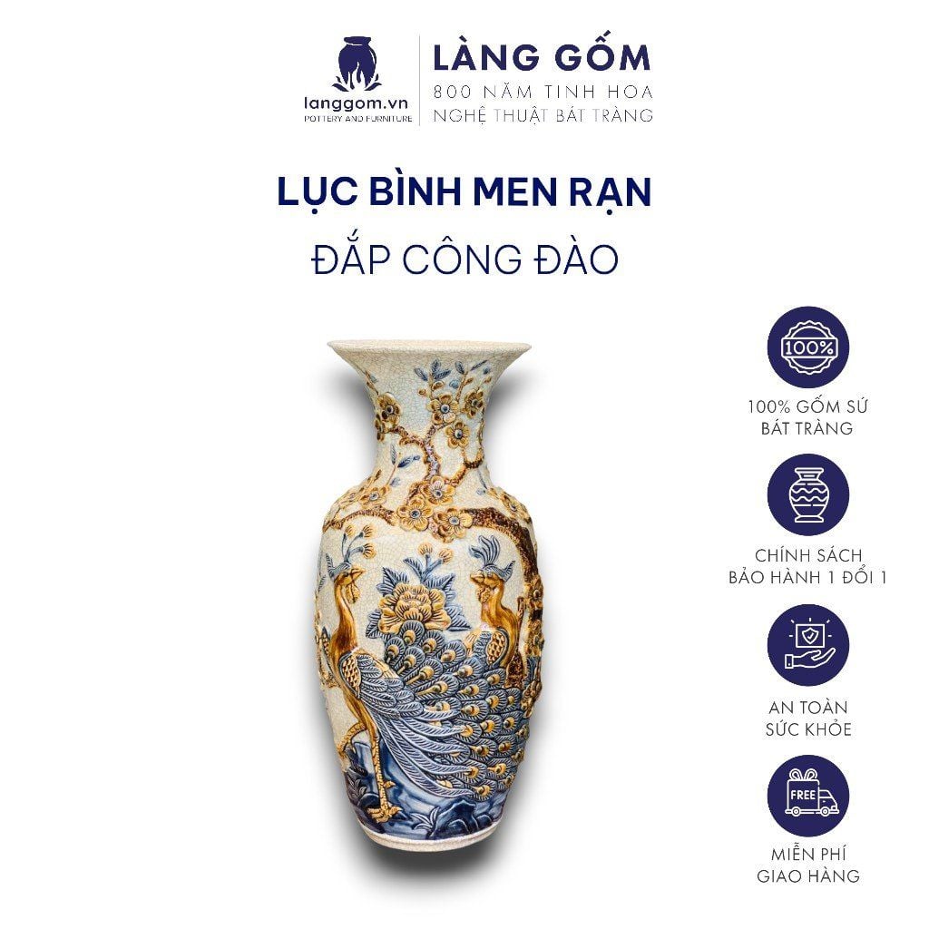  Lục bình phong thủy men rạn cổ đắp nổi tinh xảo 