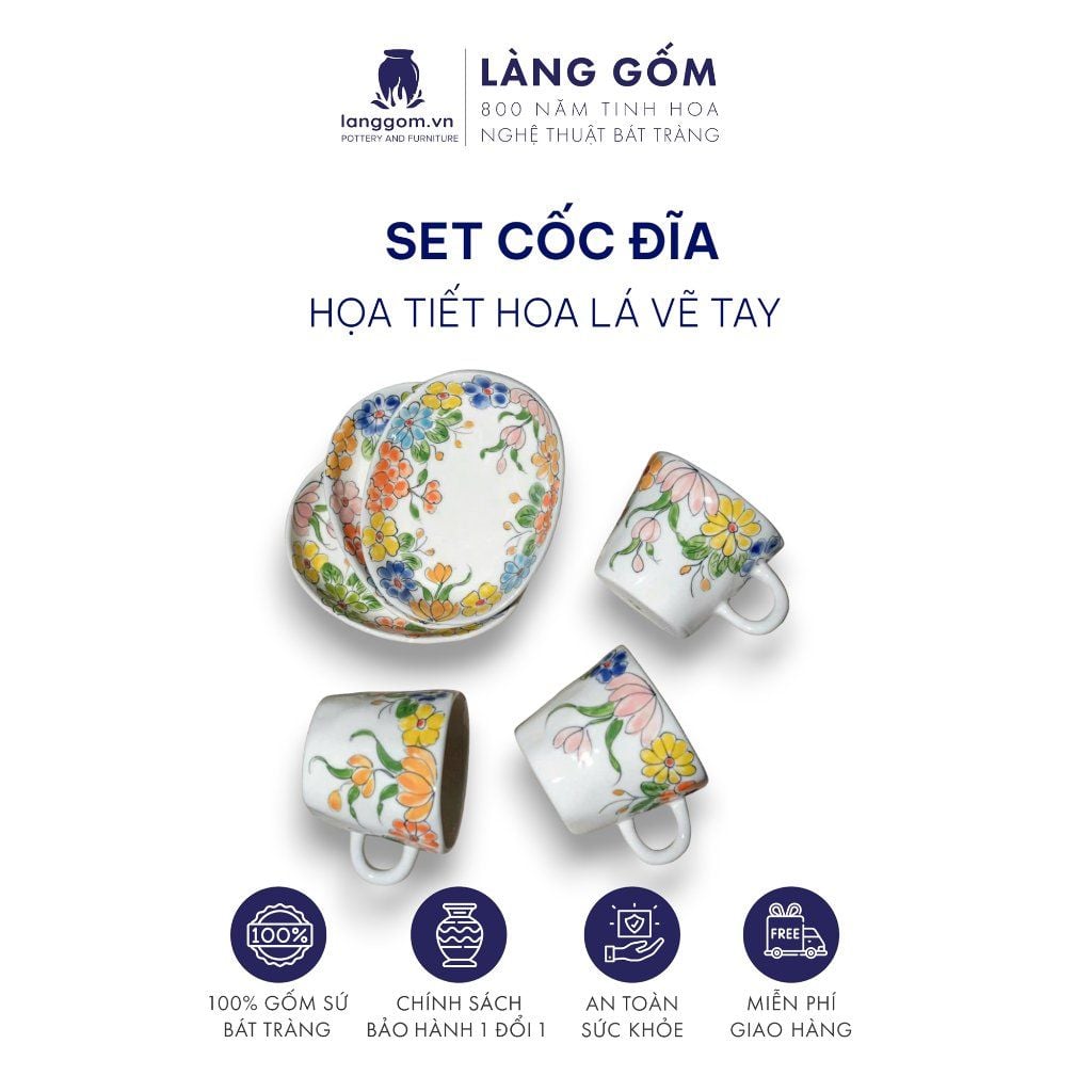  Bộ cốc đĩa lót oval họa tiết vẽ hoa lá 