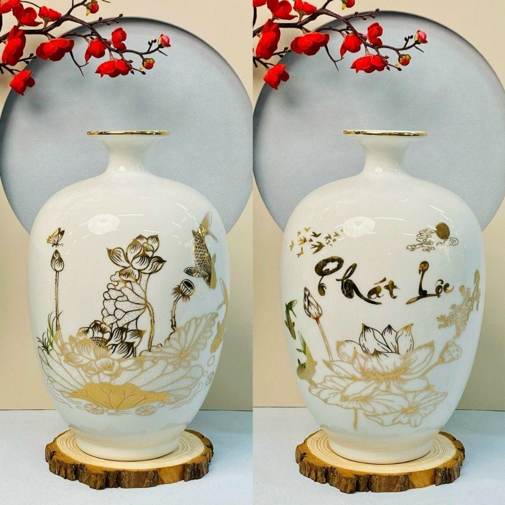  Bình hút lộc dáng cao men trắng vẽ vàng kim 