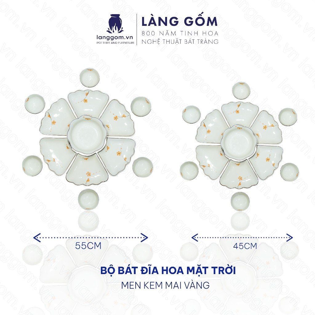  Bộ bát đĩa hoa mặt trời men kem vẽ mai vàng 
