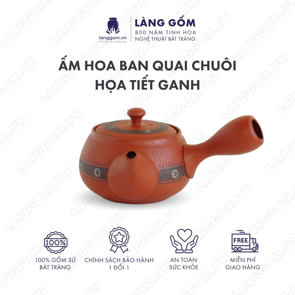  Ấm trà đất nung vẽ hoa ban quai chuôi màu đỏ họa tiết ganh 