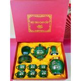 Bộ ấm chén dáng Phú Quý màu xanh lục vẽ thuyền vàng kim 