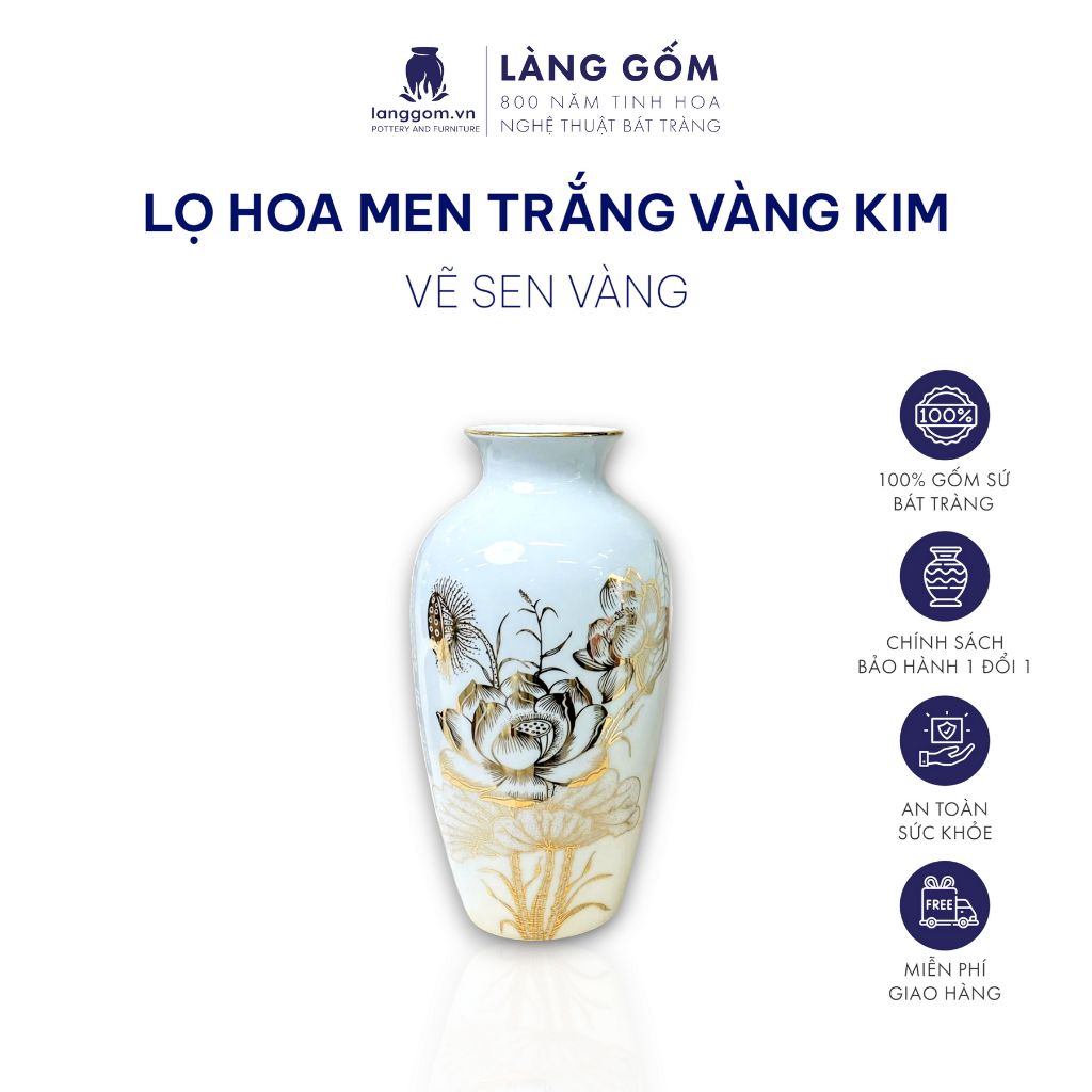  Lọ hoa men trắng vàng kim vẽ sen chuồn, sen xanh 