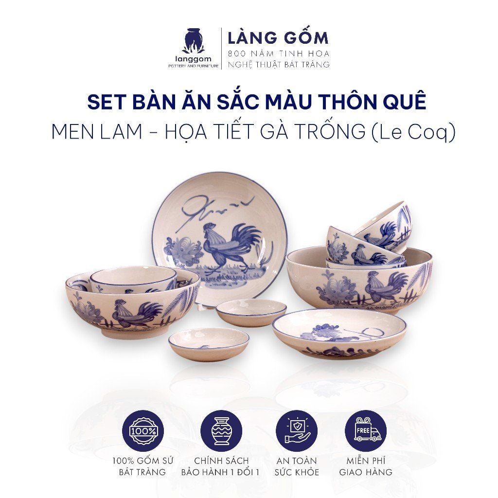  Bộ bàn ăn Thôn quê men lam, họa tiết vẽ gà trống 