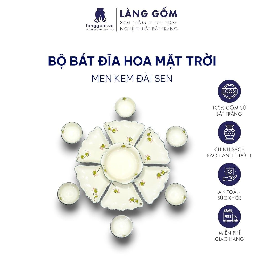  Bộ bát đĩa hoa mặt trời men kem vẽ đài sen 