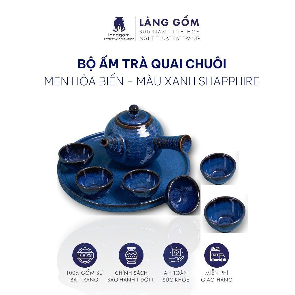  Bộ ấm chén quai chuôi men hỏa biến màu xanh sapphire 