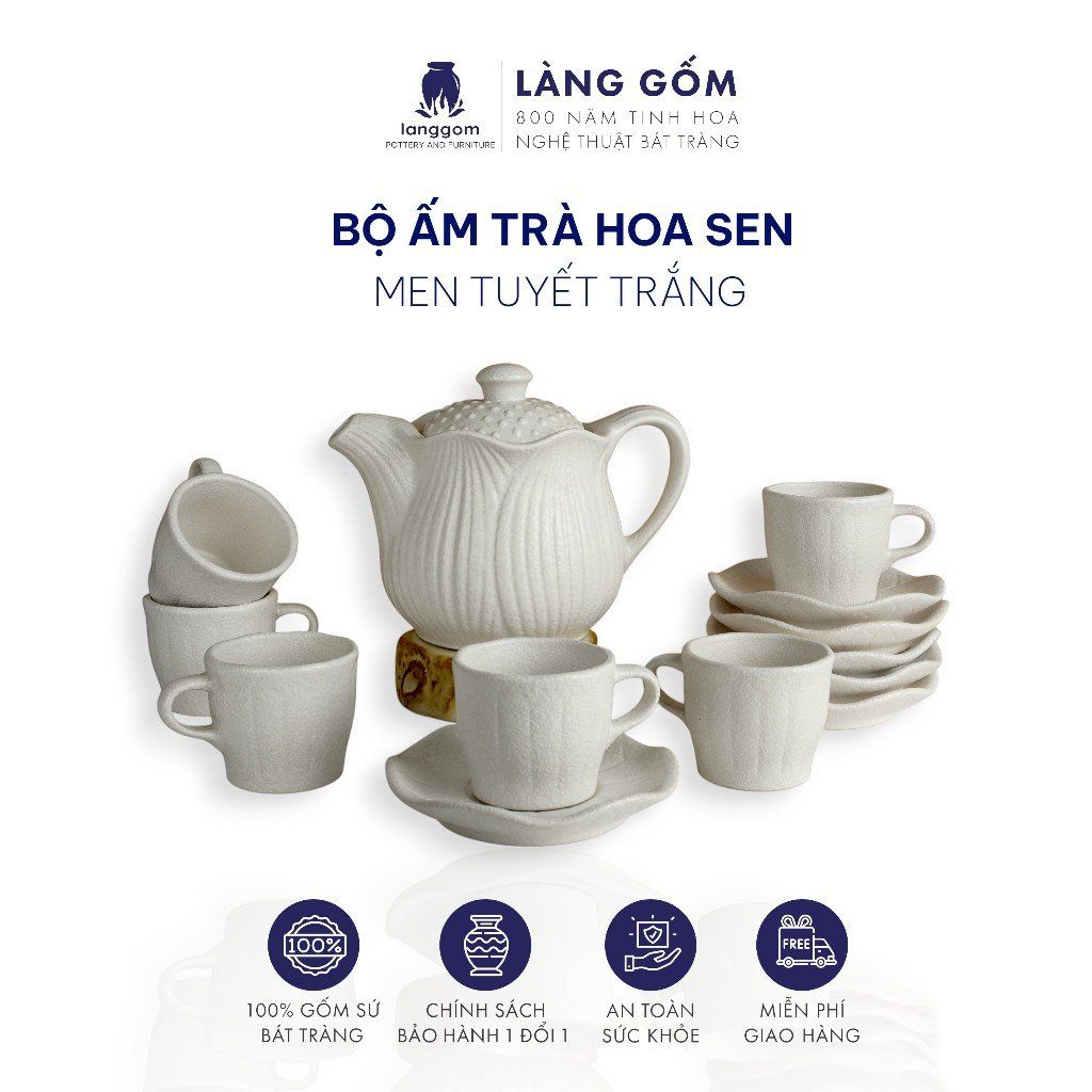  Bộ ấm chén uống trà men tuyết trắng dáng Hoa sen kèm đĩa lá sen - dung tích 750ml 