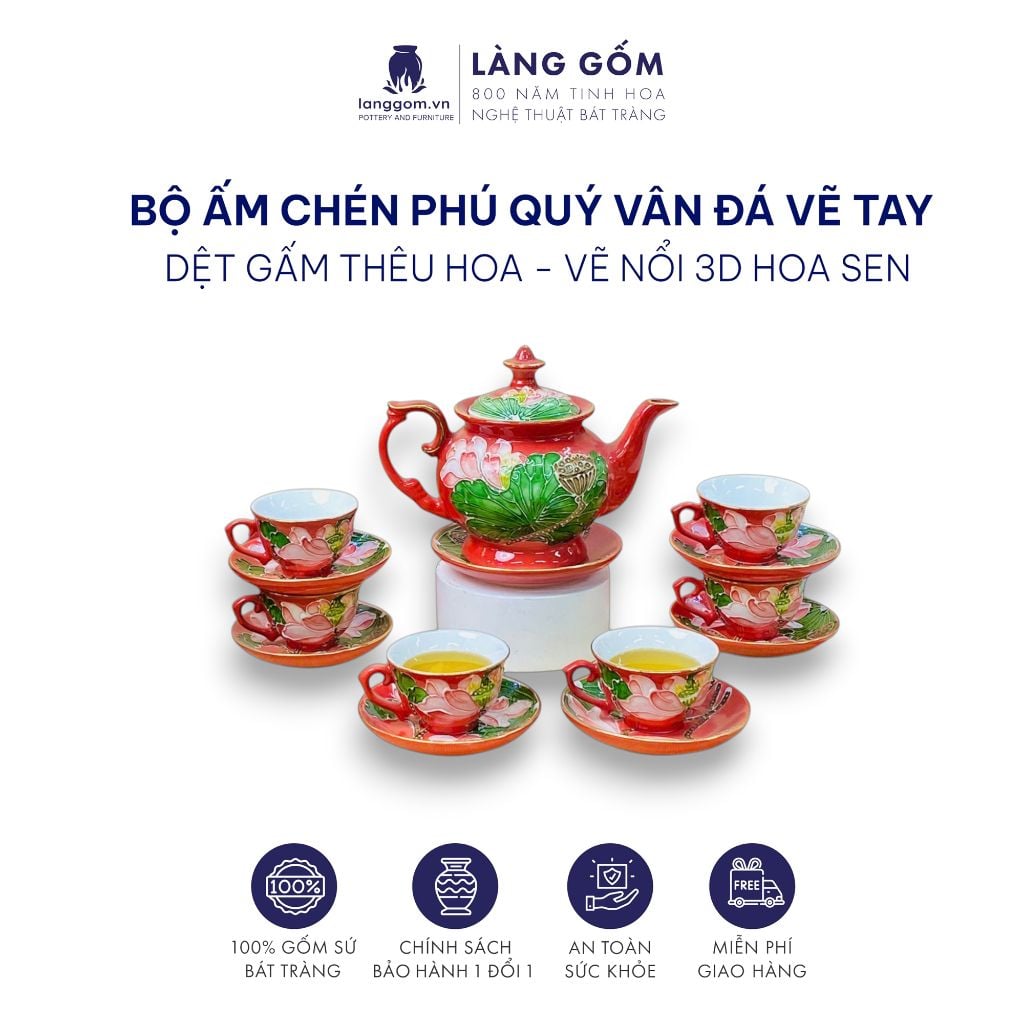  Bộ ấm chén phú quý vân đá Dệt gấm thêu hoa - vẽ nổi 3D hoa sen 
