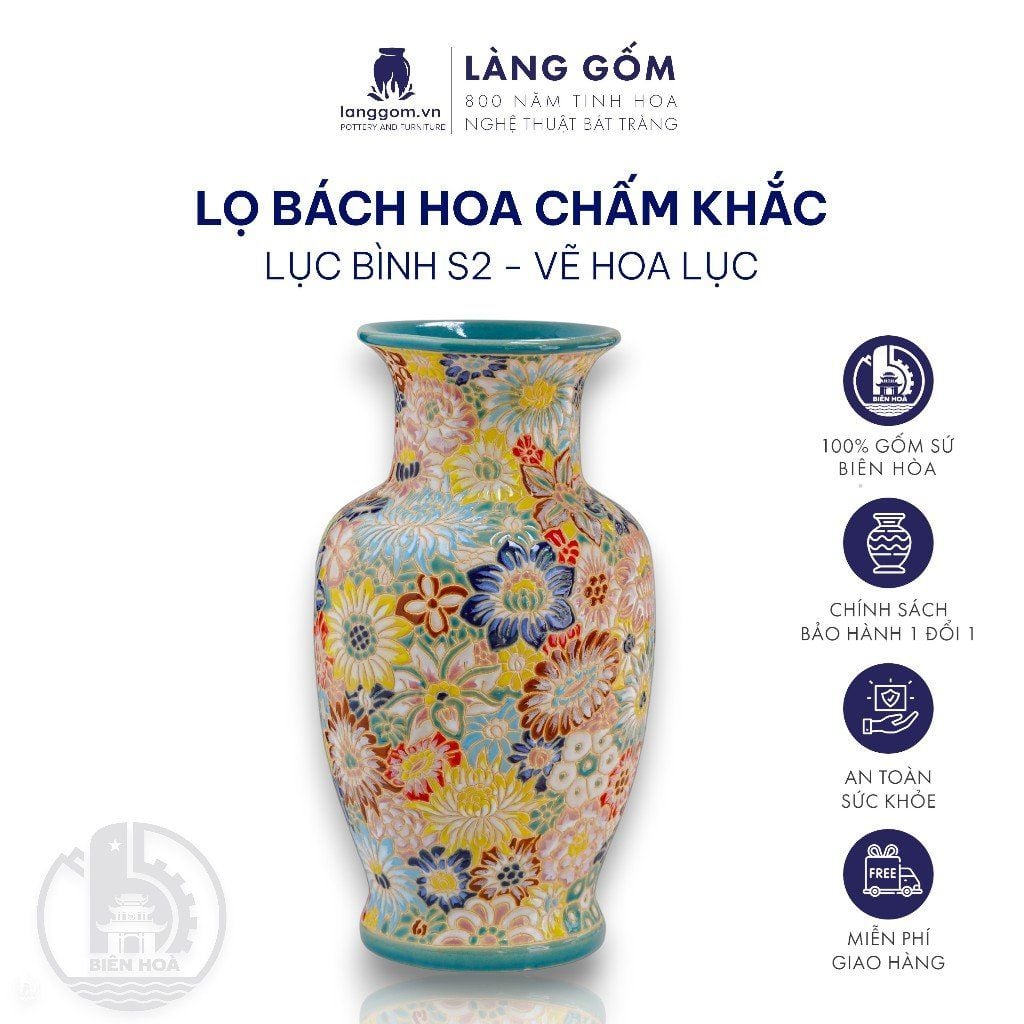  Bình bách hoa chấm màu khắc thủ công dáng lục bình 