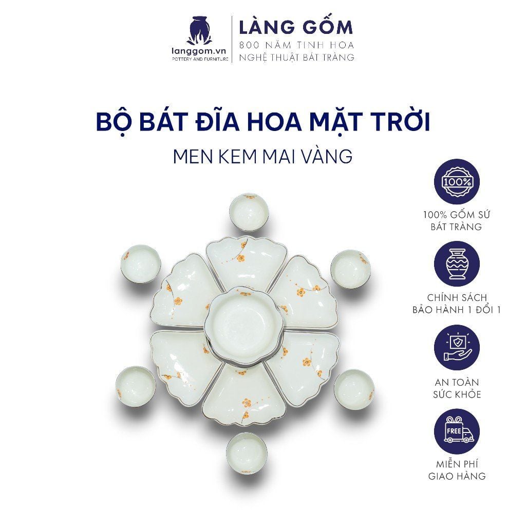  Bộ bát đĩa hoa mặt trời men kem vẽ mai vàng 
