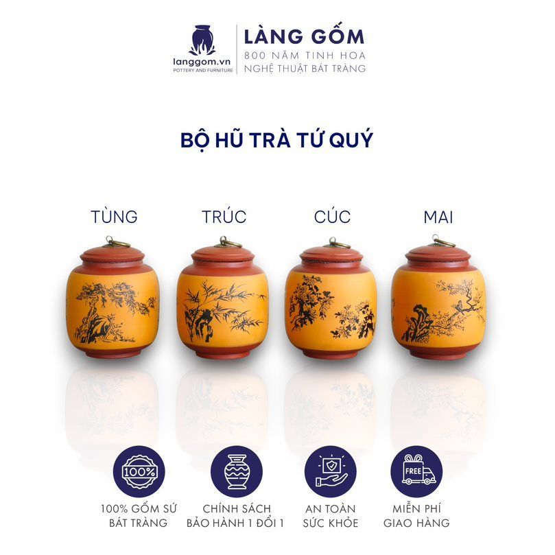  Hũ đựng trà đất nung tứ quý Tùng, Cúc, Trúc, Mai 