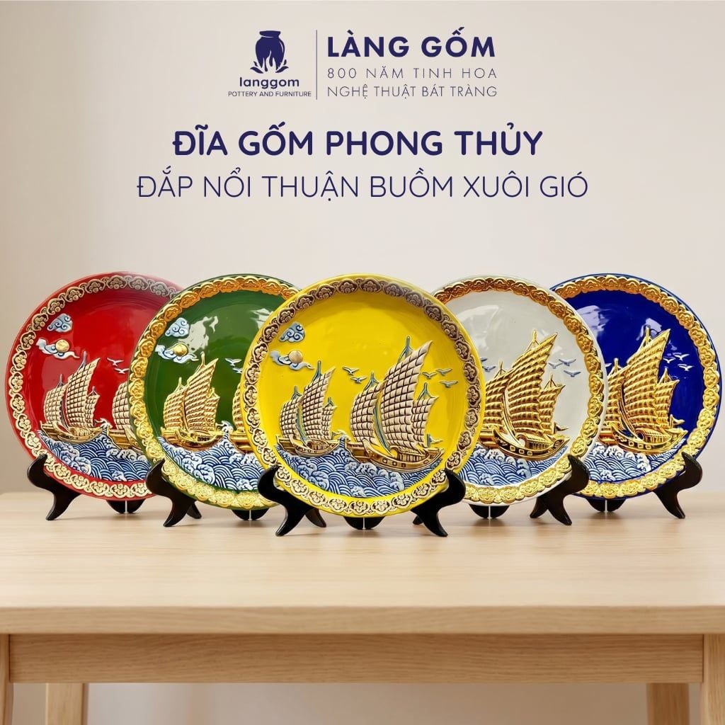  Đĩa Trang Trí Phong Thủy 05 Màu Men Ngũ Hành - Đắp Nổi Thuận Buồm Xuôi Gió Dát Vàng 18K - Quà Tặng Gốm Bát Tràng Cao Cấp 