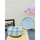  Bộ cốc đĩa vân đá họa tiết vẽ hoa đào trắng cao cấp 