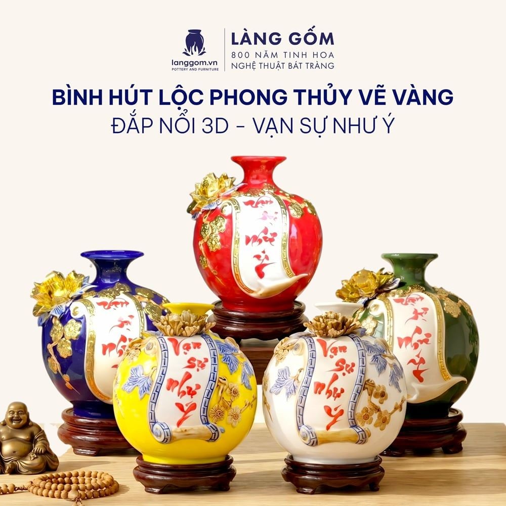  Bình Hút Lộc Vạn Sự Như Ý Đắp Nổi 3D Gốm Sứ Bát Tràng – Bình Tụ Lộc Phong Thủy Quà Tặng Cao Cấp 