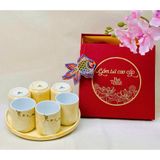  Bộ cốc đĩa vân đá họa tiết vẽ hoa đào trắng cao cấp 