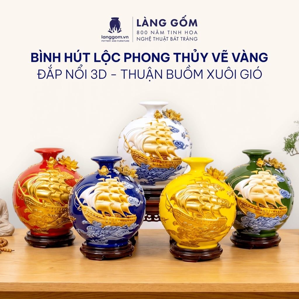  Bình Hút Lộc Phong Thủy Đắp Nổi Vàng 3D - Thuận Buồm Xuôi Gió - Quà Tặng Tân Gia, Đối Tác Sang Trọng 