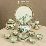 Bộ ấm chén Bát Tràng vẽ tay kiểu Giỏ cua vẽ tre xanh 