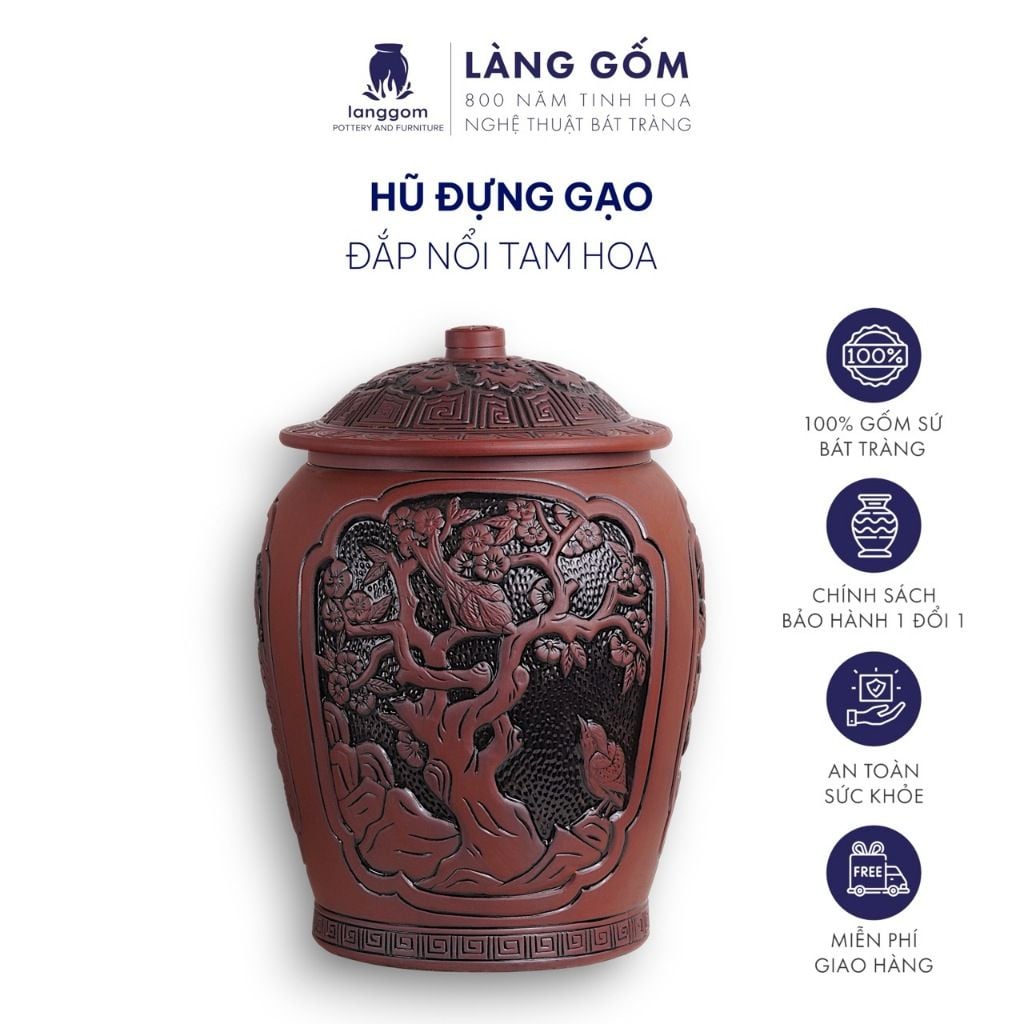  Hũ đựng gạo Bát Tràng khắc nổi Tam Hoa Thịnh Vượng 