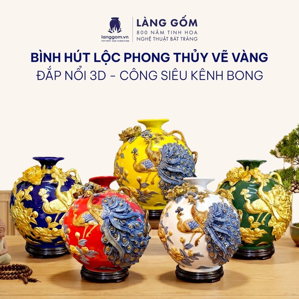  Bình Hút Lộc Công Đào Kênh Bong Đắp Nổi Gốm Sứ Bát Tràng – Bình Tụ Lộc Phong Thủy Quà Tặng Cao Cấp 