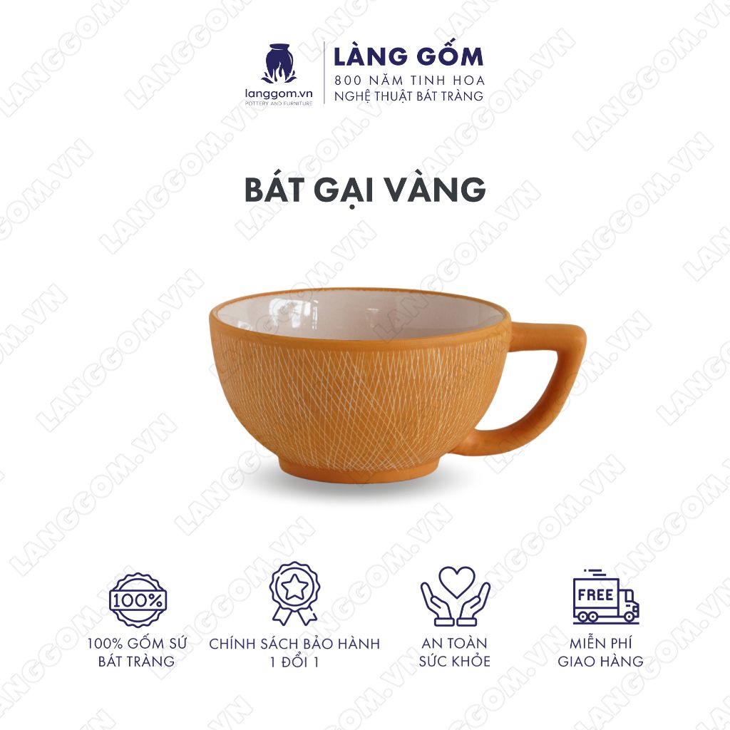  Bát ăn cơm gốm sứ xước màu vàng kiểu gại, có quai, giữ nhiệt 