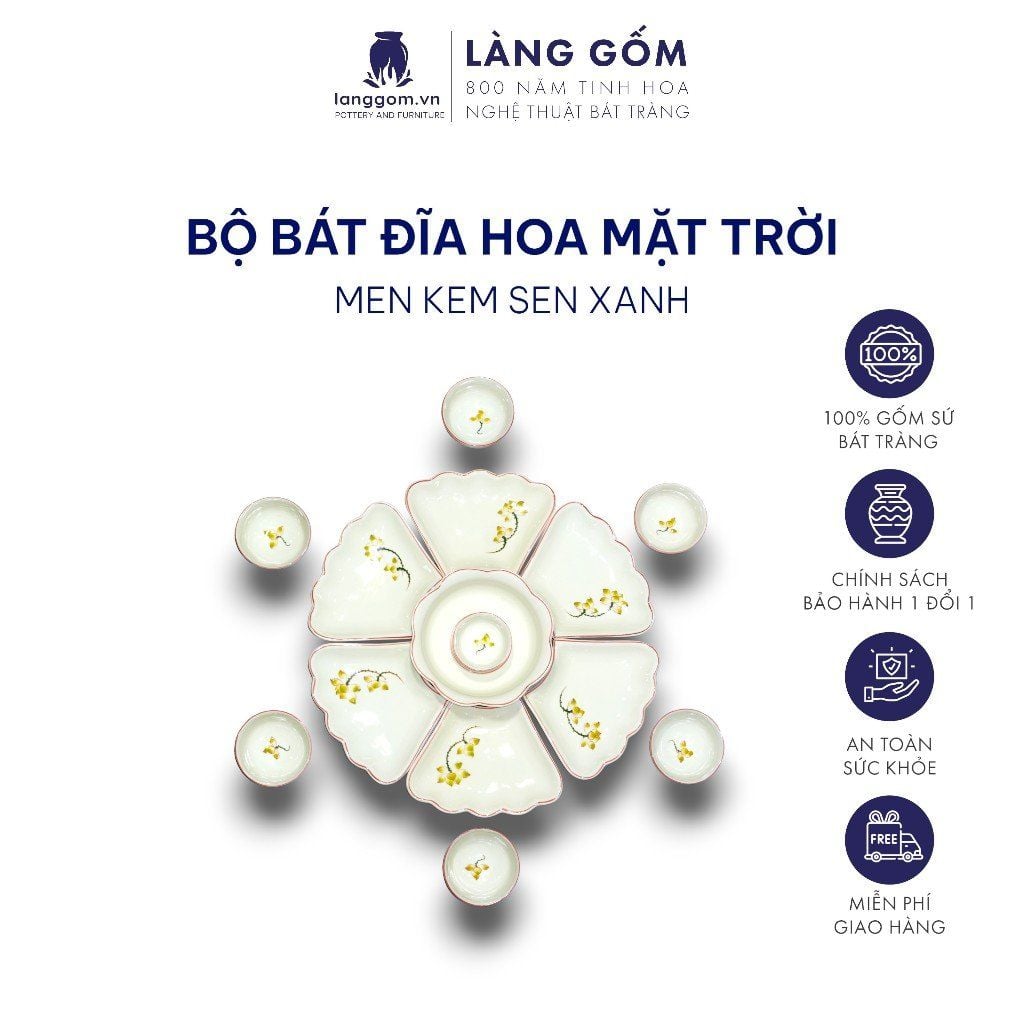  Bộ bát đĩa hoa mặt trời men kem vẽ sen xanh 