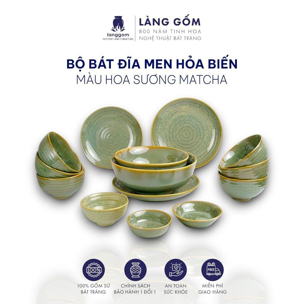  Bộ bàn ăn gia đình men hỏa biến - Màu hoa sương matcha 