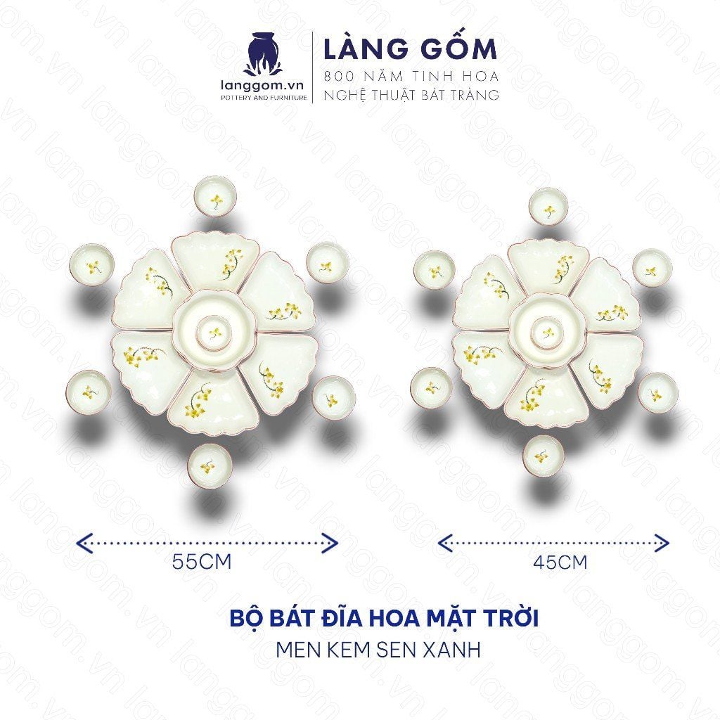  Bộ bát đĩa hoa mặt trời men kem vẽ sen xanh 