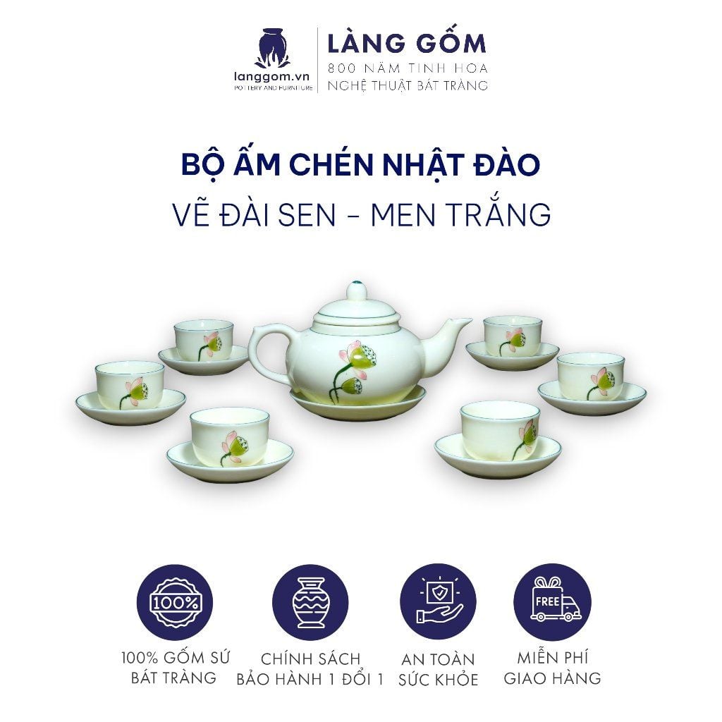  Bộ ấm chén kiểu Nhật đào men trắng vẽ đài sen 