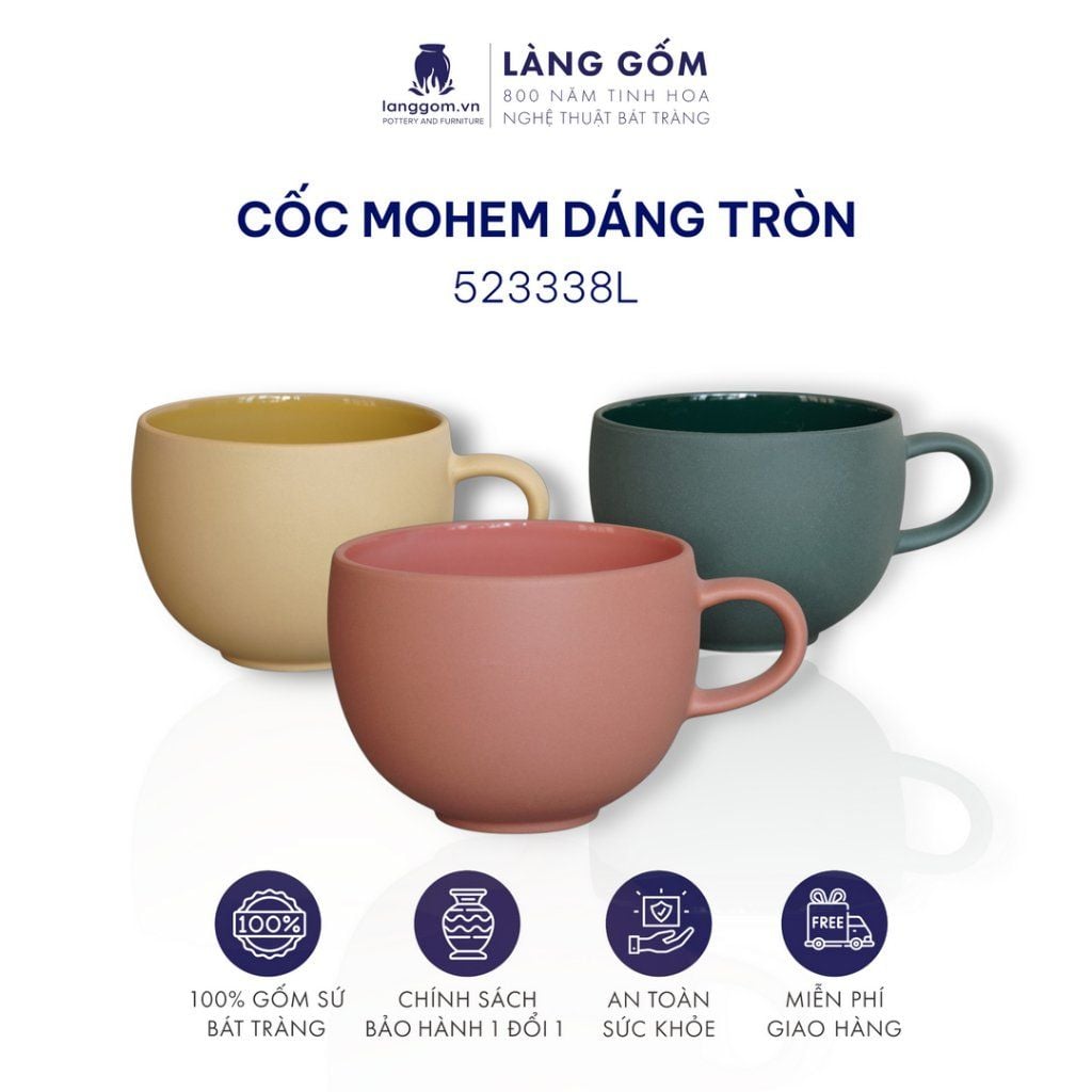  Bộ cốc đĩa có quai kiểu Mohem dáng tròn men mờ dáng basic nhiều màu 