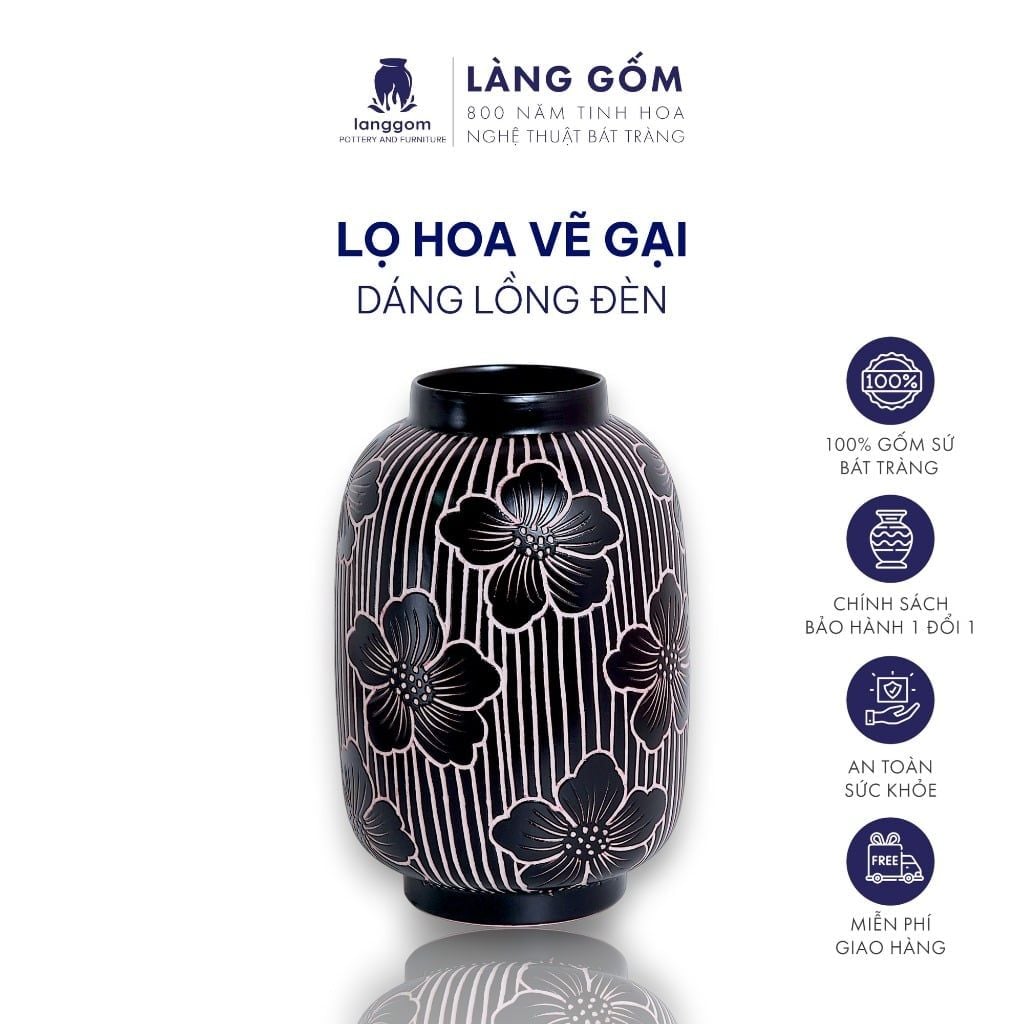  Lọ hoa men mát dáng lồng đèn họa tiết vẽ hoa lá nét gại 