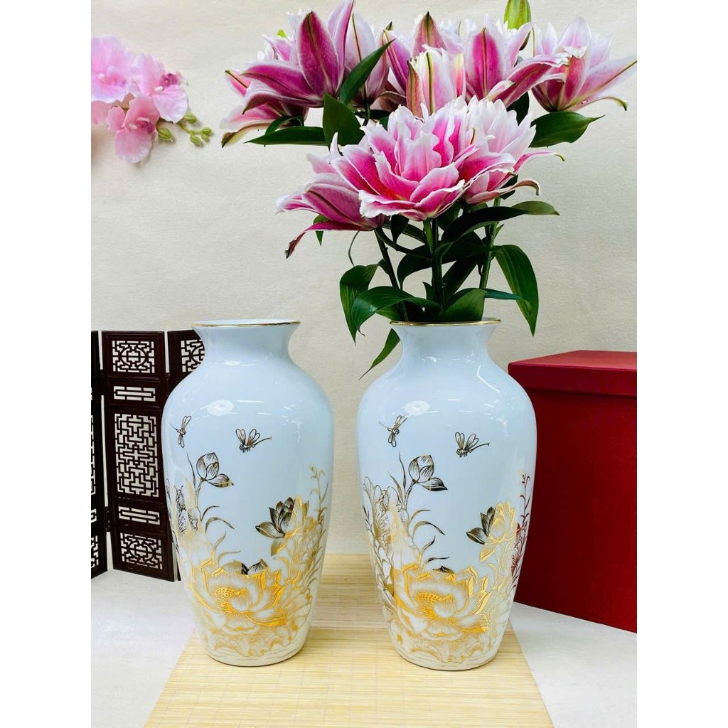  Lọ hoa men trắng vàng kim vẽ sen chuồn, sen xanh 