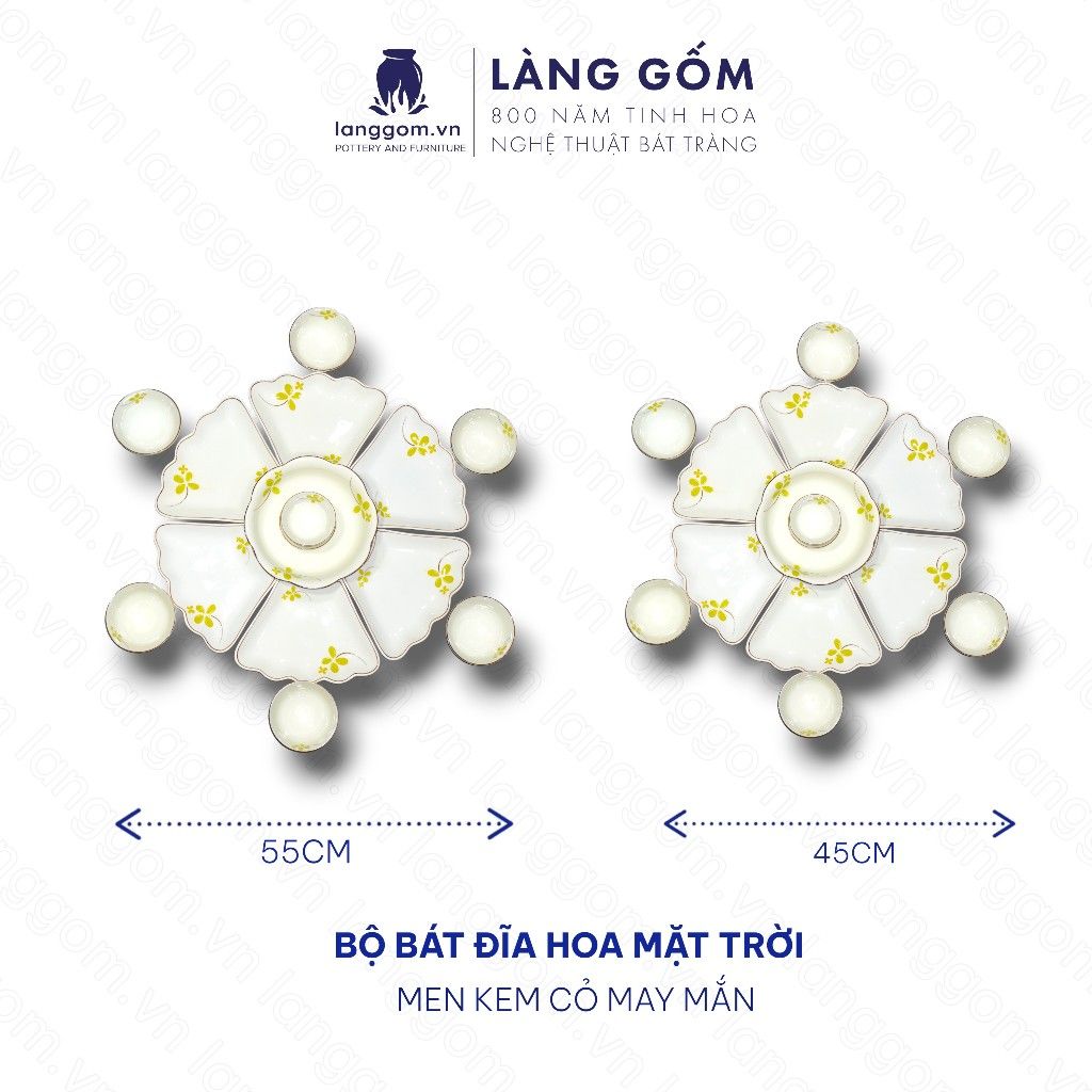  Bộ bát đĩa hoa mặt trời men kem vẽ cỏ may mắn 