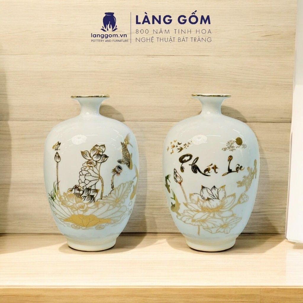  Bình hút lộc men trắng vẽ Thuyền Buồm Tài Lộc vàng 18k phong thủy 