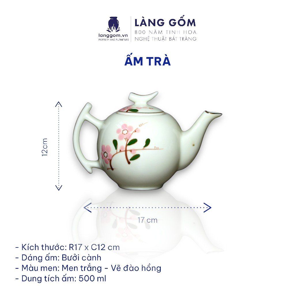  Bộ ấm chén bưởi cành men trắng vẽ đào hồng 