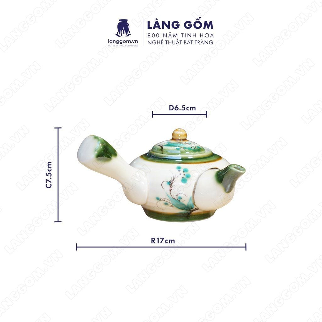  Bộ ấm chén dáng quai chuôi vẽ trúc xanh kèm khay tròn 