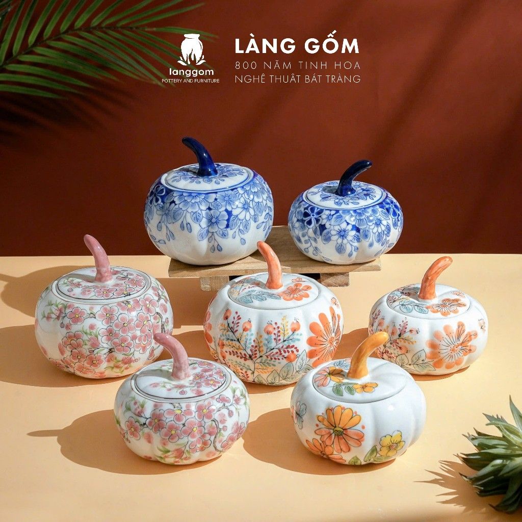  Hũ mứt sứ họa tiết vẽ tay thủ công dáng Quả Bí 