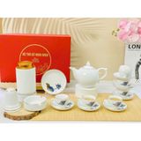  Bộ ấm chén dáng Bưởi lửa men trắng chỉ vàng vẽ sen xanh 