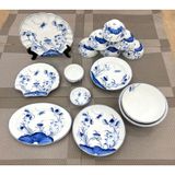  Bộ bát đĩa hoa mặt trời vẽ tay họa tiết sen chuồn men lam cổ 