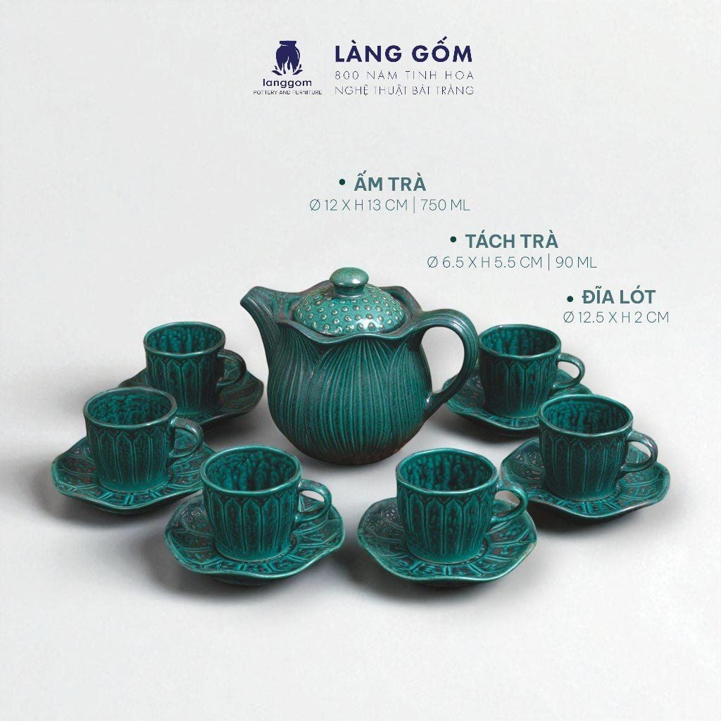  Bộ ấm chén uống trà dáng hoa sen màu xanh thiên phúc kèm đĩa lót, dung tích 750ml 