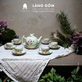  Bộ ấm chén bưởi cành men trắng vẽ đào hồng 