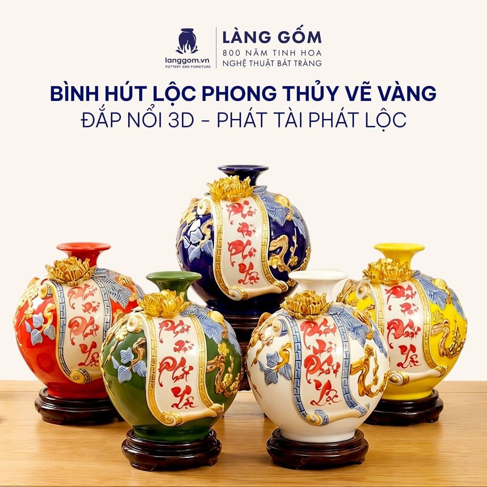  Bình Hút Lộc Phát Tài Phát Lộc Đắp Nổi 3D Gốm Sứ Bát Tràng – Bình Tụ Tài Phong Thủy Quà Tặng Cao Cấp 