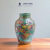  Lọ hoa vẽ bách hoa chấm màu dáng vại cổ ngăn, họa tiết trổ chim và cành mai - Gốm sứ Biên Hòa 