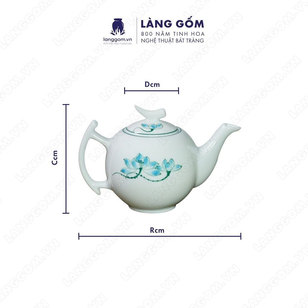  Bộ ấm chén bưởi cành men trắng vẽ hoa sen xanh 