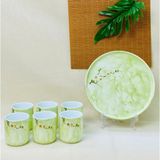  Bộ cốc đĩa vân đá họa tiết vẽ hoa đào trắng cao cấp 